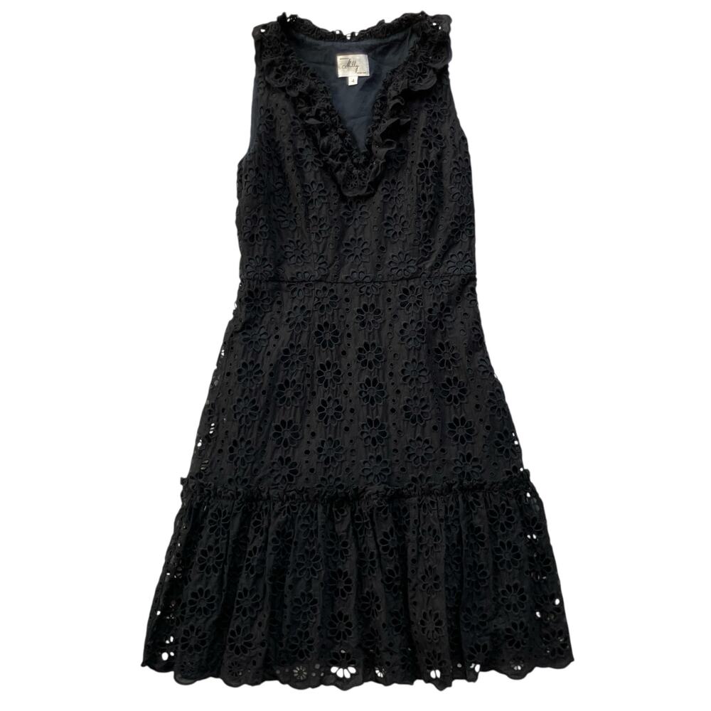 Milly Black Floral Eyelet Ruffle Hem Dress Size 4 Whimsygoth Dark Fairy Y2K
